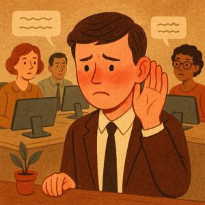 Illustrated scene of a mid-century styled person in a newsroom, cupping one ear and flinching while colleagues look on, exhibiting embarrassment and isolation