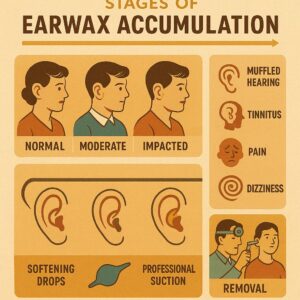 Chart of earwax accumulation: stages from normal to impacted, symptoms listed (muffled hearing, pain, dizziness), and removal options including drops, irrigation, and professional cleaning