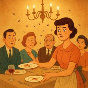 Illustrated scene of narrator in a crowded dining room, guests recoiling as fruit flies hover over plates and glasses