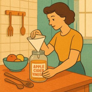 Person setting up an apple cider vinegar jar trap on a kitchen counter with a paper cone funnel