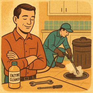 Technician steam-cleaning a kitchen drain and sealing a compost bin in a basement cleanup scene