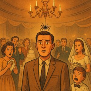 Illustration of a crowded wedding reception hall with the narrator frozen beneath a chandelier as a large spider descends onto their head, guests recoiling