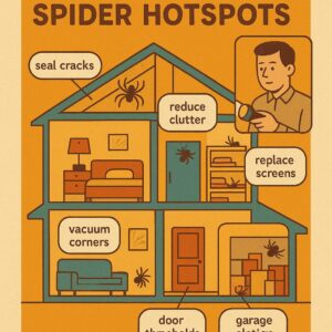 Diagram of a typical house floor plan highlighting spider hotspots: attic, basement, closet corners, behind furniture, window sills, and outdoor entry points with brief prevention tips