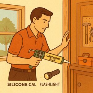 Illustration of homeowner sealing cracks around a window and door using caulk and weatherstripping, with labeled steps for exclusion