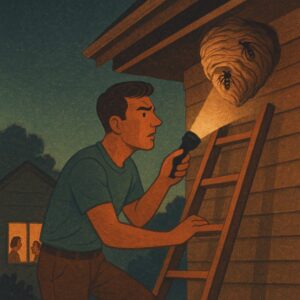 Main character on a ladder at dusk peering into an eave where a wasp nest is visible, tension in the shoulders, neighbors visible in the background through windows