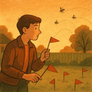 Illustration of homeowner marking wasp flight paths with flags and observing from a safe distance at dusk