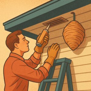 Homeowner sealing eave vents and installing a decoy paper wasp nest under the porch roof during late winter maintenance